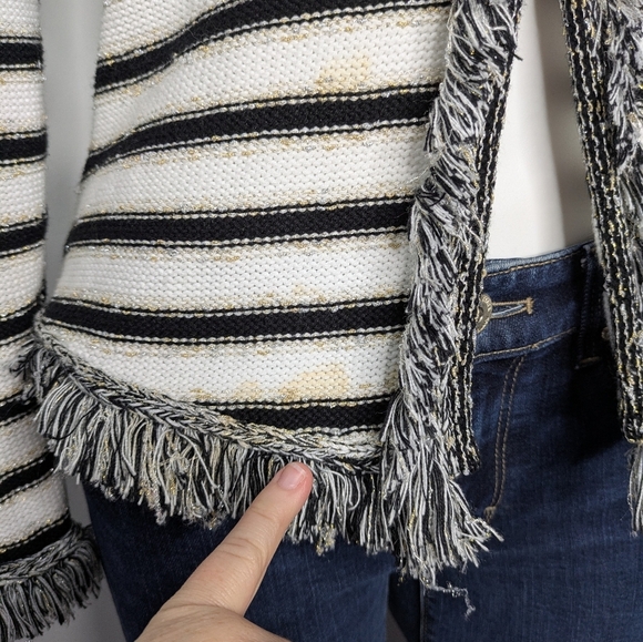 Vintage Cache Black White Striped Gold Long Sleeve Fringe Cardigan Sweater M - Picture 5 of 9